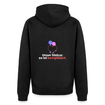 Unser Status: es ist kompliziert - Unisex Premium Bio Zip Hoodie - Schwarz - Hinten - Nico (187cm)