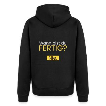 Wann bist du fertig? Nie. - Unisex Premium Bio Zip Hoodie - Schwarz - Hinten - Nico (187cm)