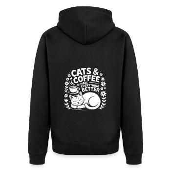 Katze und Kaffee ist alles was ich brauche - Unisex Premium Bio Zip Hoodie - Schwarz - Hinten - Nico (187cm)
