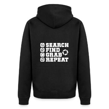 Thrift Shop Search Find Grab Love Thrifting - Unisex Premium Bio Zip Hoodie - Schwarz - Hinten - Nico (187cm)