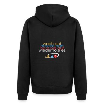 arbeite hart-hör nie auf-wiederhols - Unisex Premium Bio Zip Hoodie - Schwarz - Hinten - Nico (187cm)