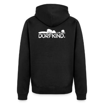 Dorfkind, weiß - Unisex Premium Bio Zip Hoodie - Schwarz - Hinten - Nico (187cm)