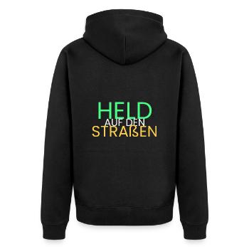 Held auf den Straßen - Unisex Premium Bio Zip Hoodie - Schwarz - Hinten - Nico (187cm)
