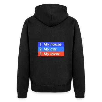 1. Mein Haus 2. Mein Auto 3. Mein Liebhaber - Unisex Premium Bio Zip Hoodie - Schwarz - Hinten - Nico (187cm)