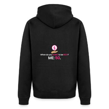 Reich mit 50! - Unisex Premium Bio Zip Hoodie - Schwarz - Hinten - Nico (187cm)