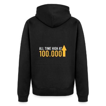 Allzeithoch bei 100.000 - Unisex Premium Bio Zip Hoodie - Schwarz - Hinten - Nico (187cm)
