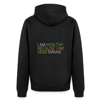 Ich bin gesund - vegetarisch - Unisex Premium Bio Zip Hoodie - Schwarz - Hinten - Nico (187cm)
