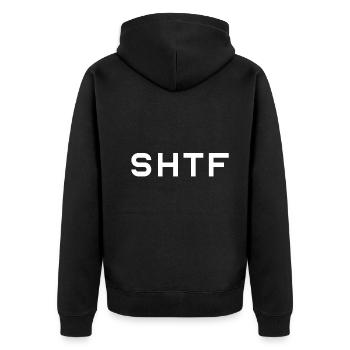 SHTF – Shit Hits The Fan - Unisex Premium Bio Zip Hoodie - Schwarz - Hinten - Nico (187cm)