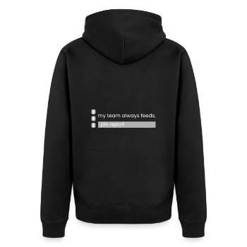 Pls REPORT, my team feeds - Unisex Premium Organic Zip Hoodie - black - Back - Nico (187cm)