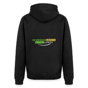 vegetarisch macht mich glücklich - Unisex Premium Bio Zip Hoodie - Schwarz - Hinten - Nico (187cm)