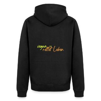 Vegan - rettet Leben - Unisex Premium Bio Zip Hoodie - Schwarz - Hinten - Nico (187cm)