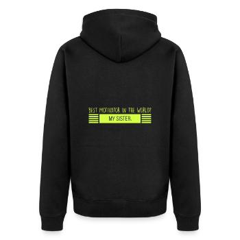 Schwester: bester Motivator - Unisex Premium Bio Zip Hoodie - Schwarz - Hinten - Nico (187cm)