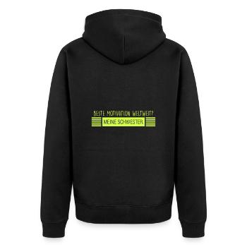 meine Schwester: Motivatorin - Unisex Premium Bio Zip Hoodie - Schwarz - Hinten - Nico (187cm)