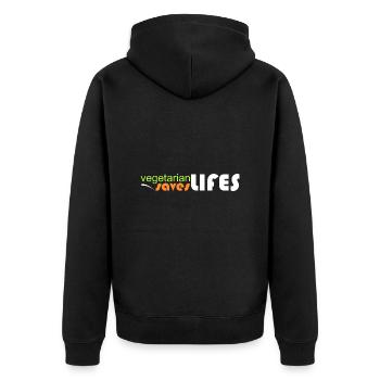 vegetarisch - rettet Leben - Unisex Premium Bio Zip Hoodie - Schwarz - Hinten - Nico (187cm)