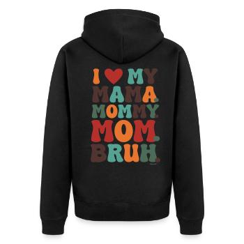 Vintage-Retro-Design „I Love My Mom“ – trendig - Unisex Premium Bio Zip Hoodie - Schwarz - Hinten - Nico (187cm)