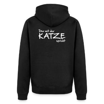 Der mit der Katze spricht - Unisex Premium Bio Zip Hoodie - Schwarz - Hinten - Nico (187cm)