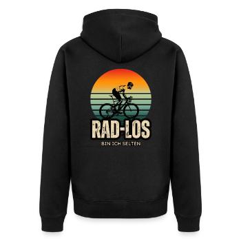 Lustiger Rennrad-Spruch - Rad los bin ich selten - Unisex Premium Bio Zip Hoodie - Schwarz - Hinten - Nico (187cm)