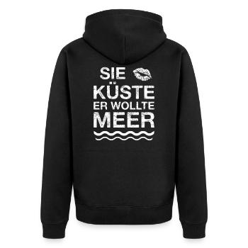 SIE KÜSTE ER WOLLTE MEER Retro Vintage Spruch - Unisex Premium Bio Zip Hoodie - Schwarz - Hinten - Nico (187cm)