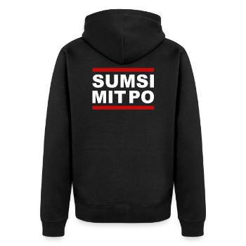 SUMSI MIT PO - Unisex Premium Bio Zip Hoodie - Schwarz - Hinten - Nico (187cm)