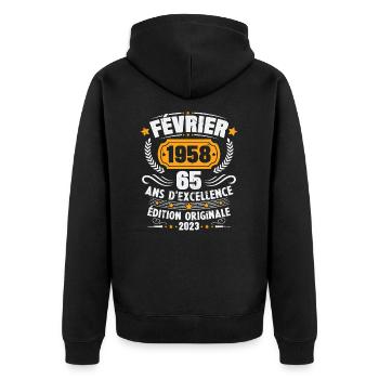 Cadeau D'anniversaire 65 Ans Février 1958 Vintage - Veste à capuche bio Premium Unisexe - noir - Dos - Nico (187cm)