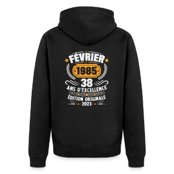 Cadeau D'anniversaire 38 Ans Février 1985 Vintage - Veste à capuche bio Premium Unisexe - noir - Dos - Nico (187cm)