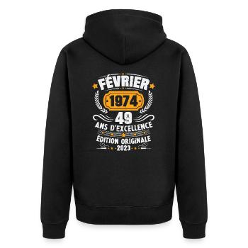 Cadeau D'anniversaire 49 Ans Février 1974 Vintage - Veste à capuche bio Premium Unisexe - noir - Dos - Nico (187cm)