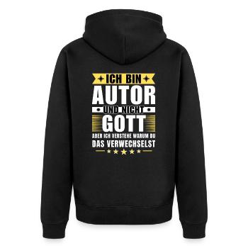 Ich bin Autor und nicht Gott - Unisex Premium Bio Zip Hoodie - Schwarz - Hinten - Nico (187cm)