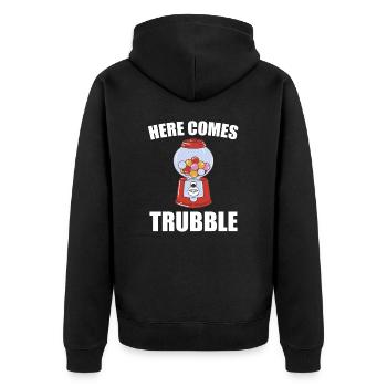 Kaugummi Snack Wortspiel Here Comes Trubble - Unisex Premium Bio Zip Hoodie - Schwarz - Hinten - Nico (187cm)