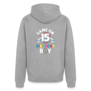 Lasertag Game On 15 Birthday Boy Indoor Laser Tag - Unisex Premium Bio Zip Hoodie - Grau meliert - Hinten - Nico (187cm)