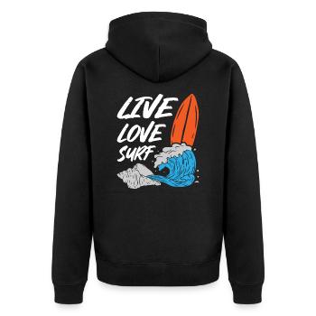 Live Love Surfing - Unisex Premium Organic Zip Hoodie - black - Back - Nico (187cm)
