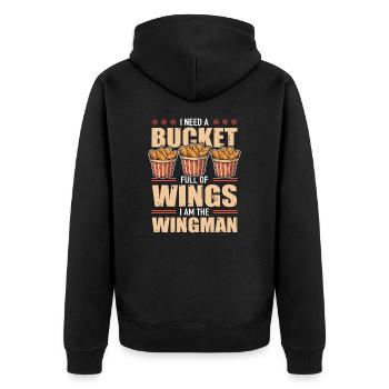 Hühnchen Bucket Full Of Wings I Am The Wingman - Unisex Premium Bio Zip Hoodie - Schwarz - Hinten - Nico (187cm)
