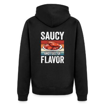 Vintage Frittiertes Hühnchen Saucy Full Of Flavor - Unisex Premium Bio Zip Hoodie - Schwarz - Hinten - Nico (187cm)