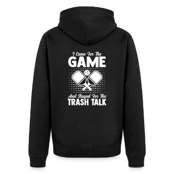 Pickleball & Dinkball Tennis Überraschung - Unisex Premium Bio Zip Hoodie - Schwarz - Hinten - Nico (187cm)