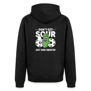 Lustiger Pickleball Spruch: Sour Just Dink Smarter - Unisex Premium Bio Zip Hoodie - Schwarz - Hinten - Nico (187cm)