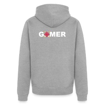Gamer online PC gaming Konsole %zocker #zocken - Unisex Premium Bio Zip Hoodie - Grau meliert - Hinten - Nico (187cm)