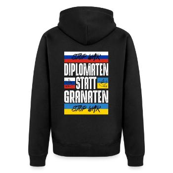 Diplomaten statt Granaten - Unisex Premium Bio Zip Hoodie - Schwarz - Hinten - Nico (187cm)