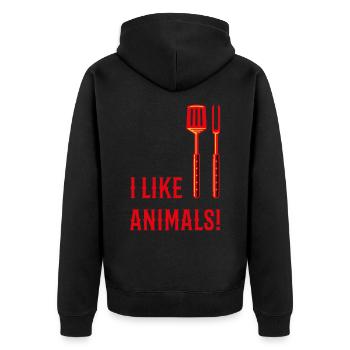I Like Animals! (Grillbesteck / 3C) - Unisex Premium Bio Zip Hoodie - Schwarz - Hinten - Nico (187cm)
