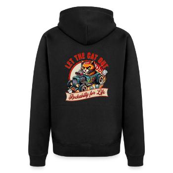 Let the cat out - Rockabilly Musik Hotrod Retro - Unisex Premium Bio Zip Hoodie - Schwarz - Hinten - Nico (187cm)