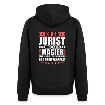 Ich bin Jurist und kein Magier - Unisex Premium Bio Zip Hoodie - Schwarz - Hinten - Nico (187cm)