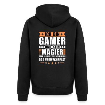 Ich bin Gamer und kein Magier - Unisex Premium Bio Zip Hoodie - Schwarz - Hinten - Nico (187cm)
