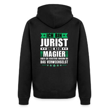 Ich bin Jurist und kein Magier - Unisex Premium Bio Zip Hoodie - Schwarz - Hinten - Nico (187cm)