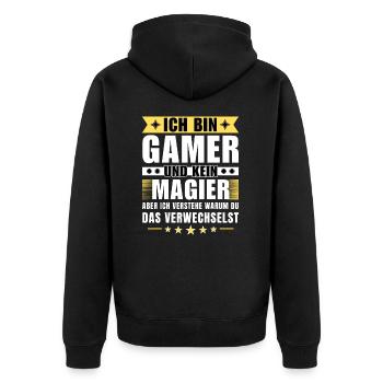 Ich bin Gamer und kein Magier - Unisex Premium Bio Zip Hoodie - Schwarz - Hinten - Nico (187cm)