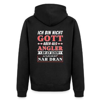 Ich bin nicht Gott aber als Angler nah dran - Unisex Premium Bio Zip Hoodie - Schwarz - Hinten - Nico (187cm)