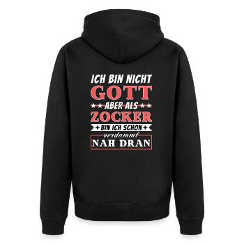 Ich bin nicht Gott aber als Zocker nah dran - Unisex Premium Bio Zip Hoodie - Schwarz - Hinten - Nico (187cm)