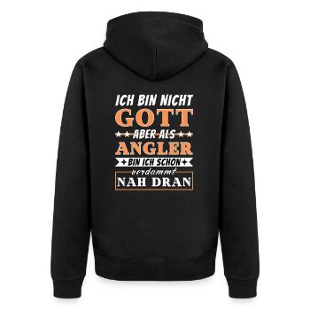 Ich bin nicht Gott aber als Angler nah dran - Unisex Premium Bio Zip Hoodie - Schwarz - Hinten - Nico (187cm)