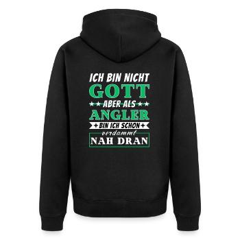 Ich bin nicht Gott aber als Angler nah dran - Unisex Premium Bio Zip Hoodie - Schwarz - Hinten - Nico (187cm)