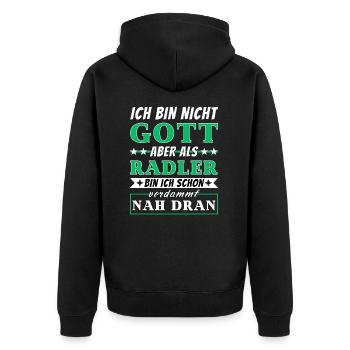 Ich bin nicht Gott aber als Radler nah dran - Unisex Premium Bio Zip Hoodie - Schwarz - Hinten - Nico (187cm)
