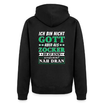 Ich bin nicht Gott aber als Zocker nah dran - Unisex Premium Bio Zip Hoodie - Schwarz - Hinten - Nico (187cm)