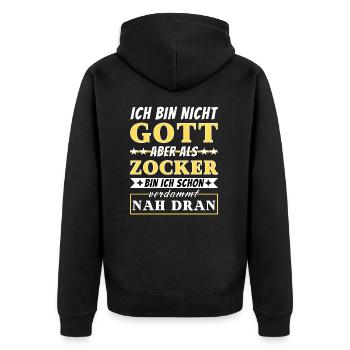 Ich bin nicht Gott aber als Zocker nah dran - Unisex Premium Bio Zip Hoodie - Schwarz - Hinten - Nico (187cm)