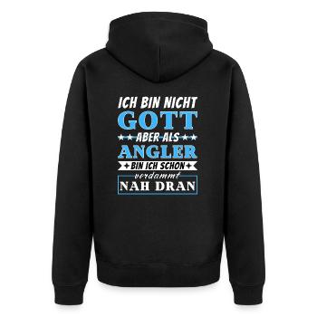 Ich bin nicht Gott aber als Angler nah dran - Unisex Premium Bio Zip Hoodie - Schwarz - Hinten - Nico (187cm)